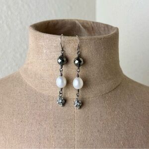Upcycled Silver Dangle Earrings Hematite Pearl Rhinestone